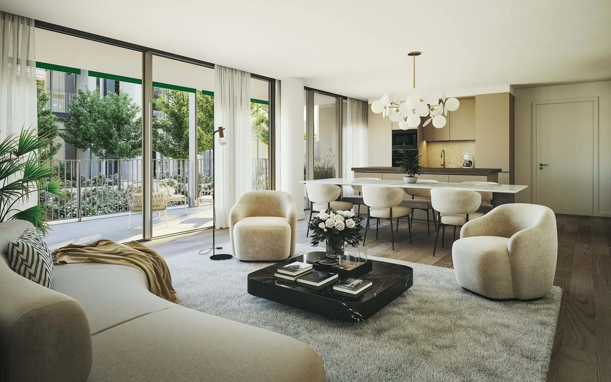 Kitchen; kitchen appliances, wood floor, natural light, modern style
