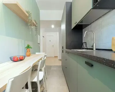 Kitchen; kitchen appliances, wood floor, natural light, modern style