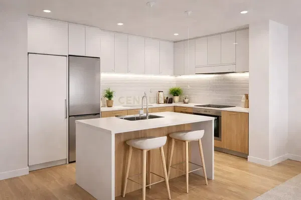 Küche; küchengeräte, holzboden, tageslicht, moderner stil