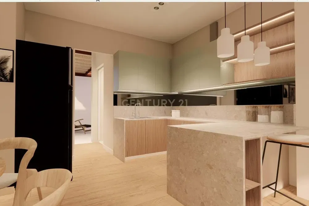 Kuchyně; kuchyňské spotřebiče, dřevěná podlaha, přirozené světlo, moderní styl