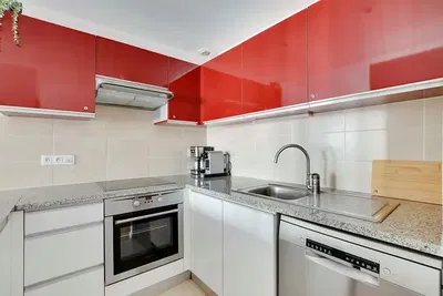 Kitchen; kitchen appliances, wood floor, natural light, modern style