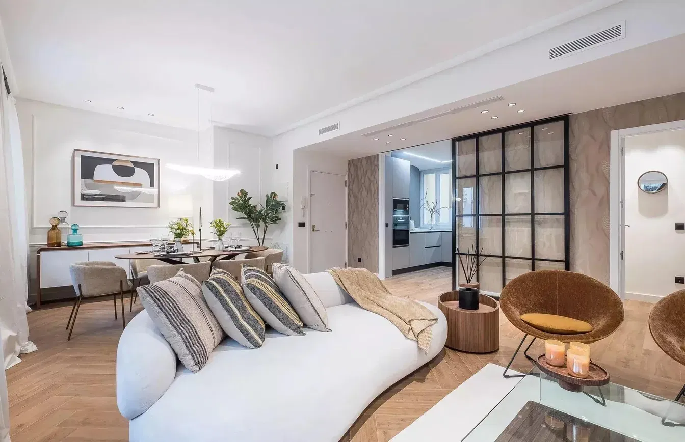 Kitchen; kitchen appliances, wood floor, natural light, modern style