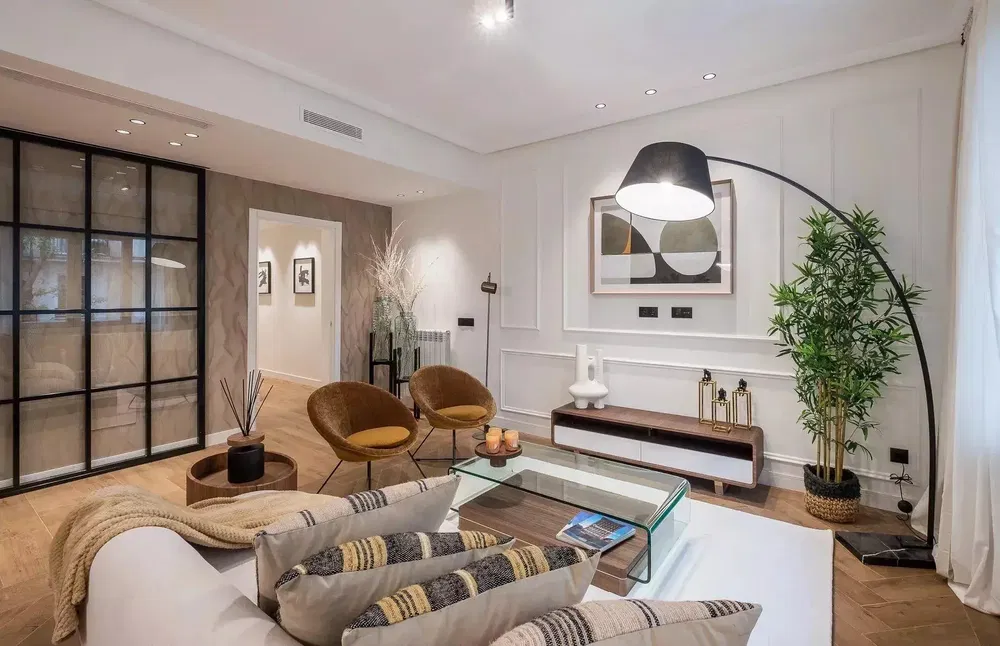 Kitchen; kitchen appliances, wood floor, natural light, modern style