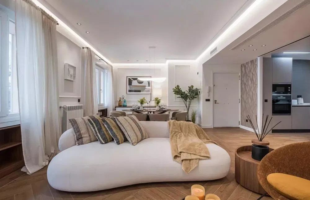 Kitchen; kitchen appliances, wood floor, natural light, modern style