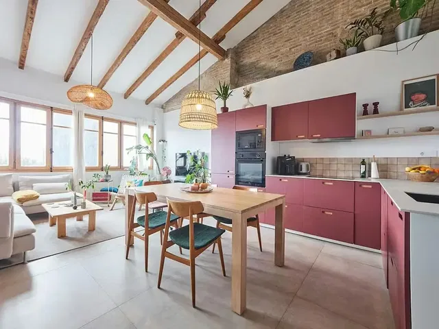 Kitchen; kitchen appliances, wood floor, natural light, modern style