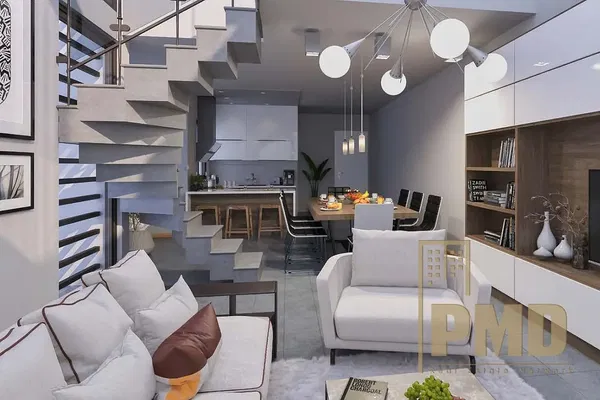 Kitchen; kitchen appliances, wood floor, natural light, modern style