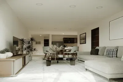 Kuchyně; kuchyňské spotřebiče, dřevěná podlaha, přirozené světlo, moderní styl