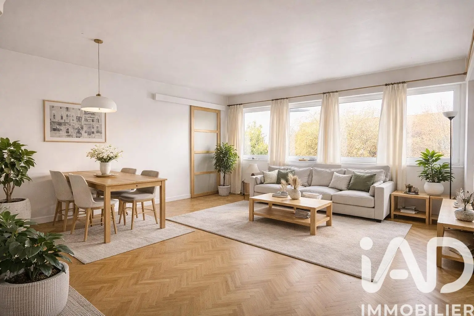 Kuchyně; kuchyňské spotřebiče, dřevěná podlaha, přirozené světlo, moderní styl