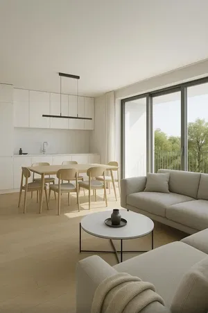 Kitchen; kitchen appliances, wood floor, natural light, modern style