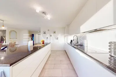 Kuhinja; kuhinjski aparati, drveni pod, prirodno svjetlo, moderni stil