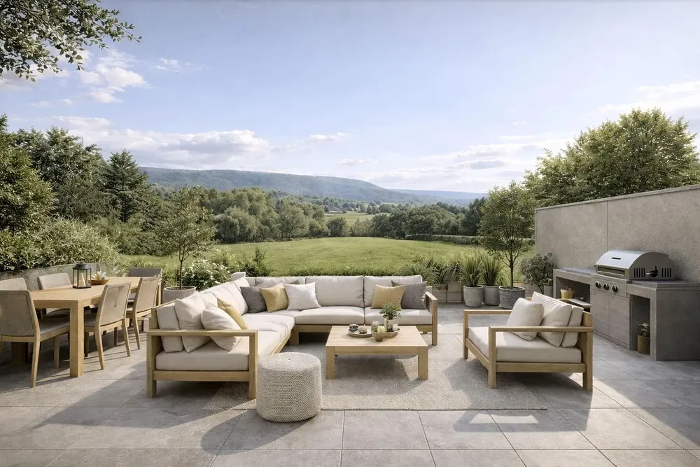 Kitchen; kitchen appliances, tile floor, natural light, modern style