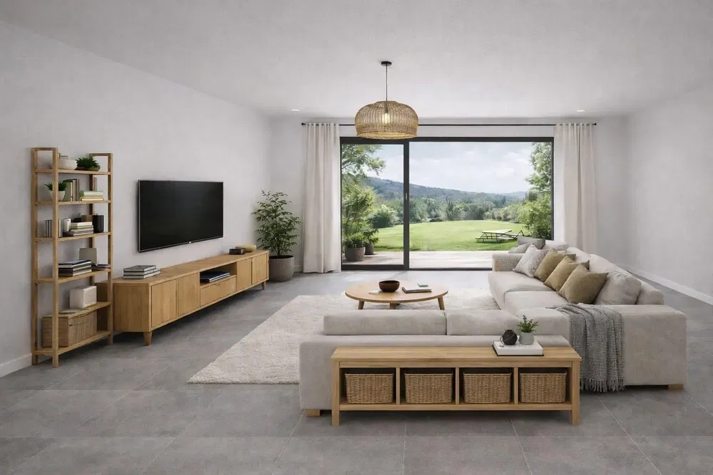 Kitchen; kitchen appliances, tile floor, natural light, modern style