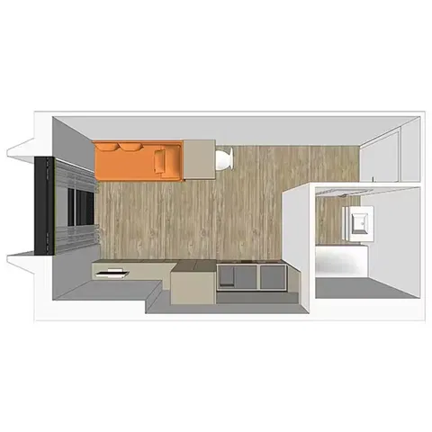 Keuken; keukenapparatuur, houten vloer, natuurlijk licht, moderne stijl