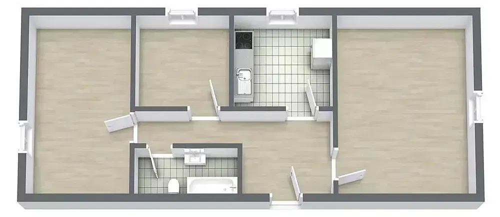 Küche; küchengeräte, holzboden, tageslicht, moderner stil