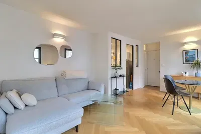 Kitchen; kitchen appliances, wood floor, natural light, modern style