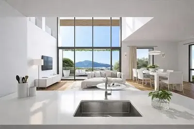 Cuisine; électroménager, parquet, lumière naturelle, style moderne