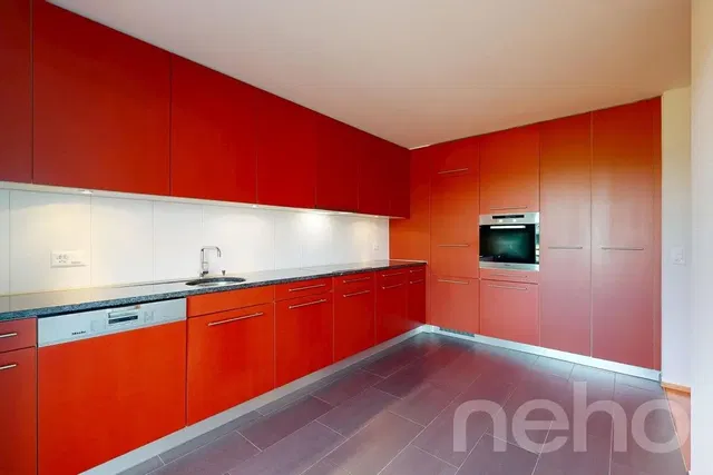 Kuchyně; kuchyňské spotřebiče, dřevěná podlaha, přirozené světlo, moderní styl