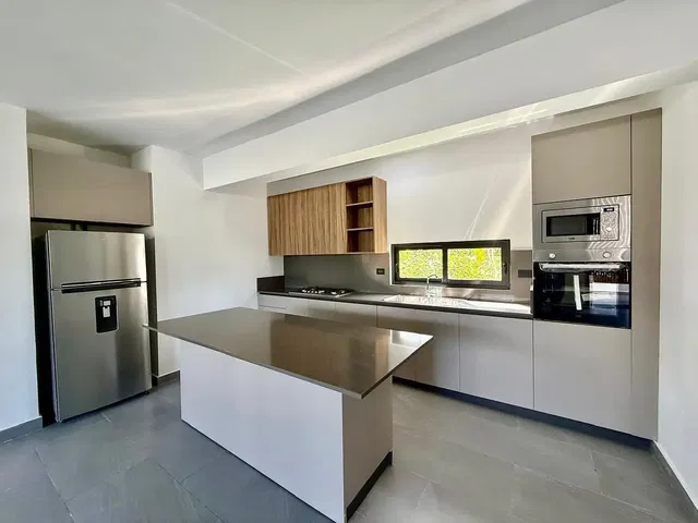 Keuken; keukenapparatuur, houten vloer, natuurlijk licht, moderne stijl