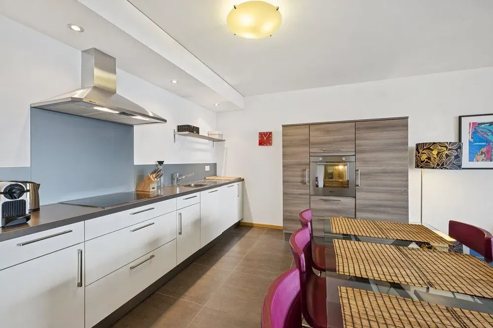 Kuhinja; kuhinjski aparati, drveni pod, prirodno svjetlo, moderni stil