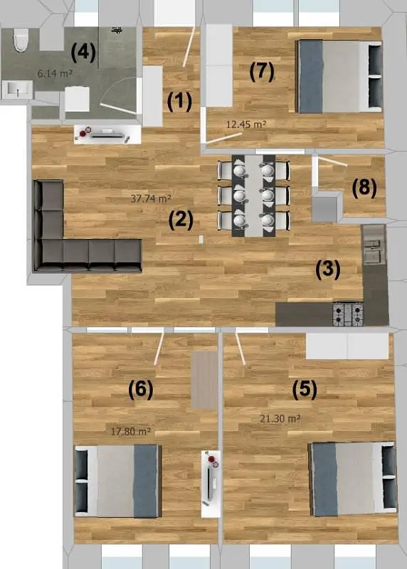 Cucina; elettrodomestici, pavimento in legno, luce naturale, stile moderno