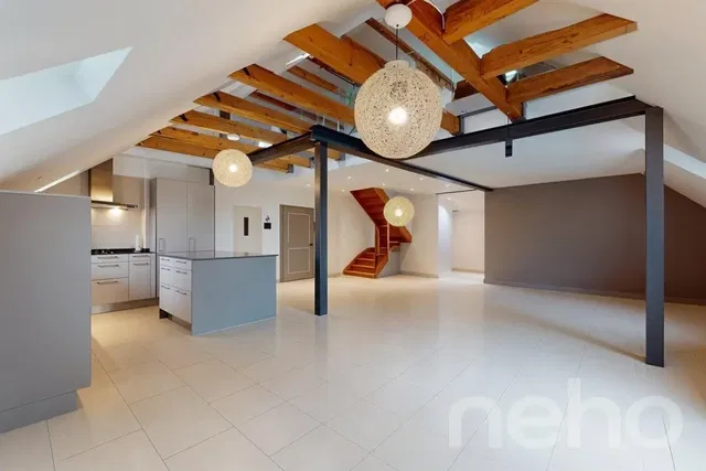 Kuchyně; kuchyňské spotřebiče, dřevěná podlaha, přirozené světlo, moderní styl