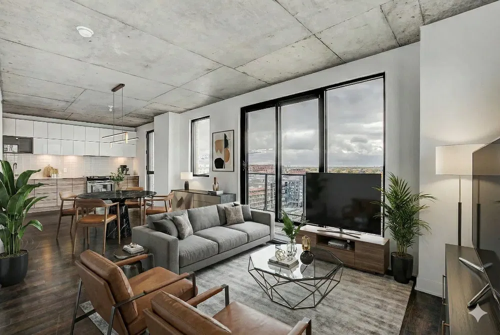 Кухня; кухненски уреди, дървен под, естествена светлина, модерен стил