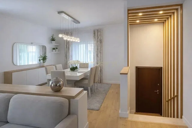 Salón; suelo de madera, luz natural, estilo moderno, techos altos
