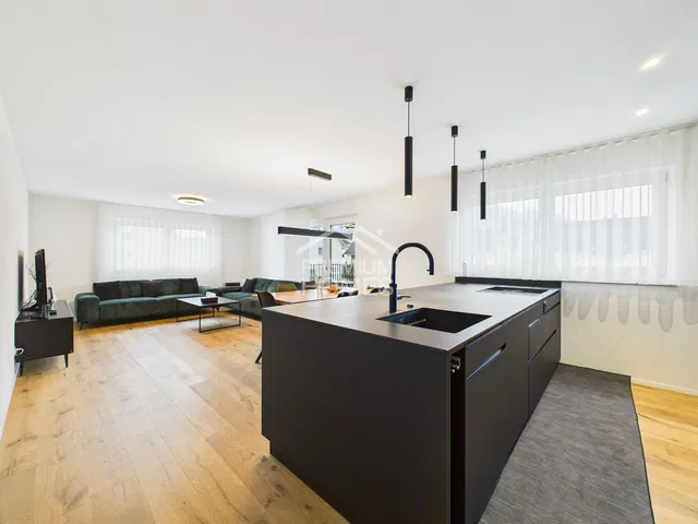 Obývací pokoj; dřevěná podlaha, přirozené světlo, moderní styl, vysoké stropy