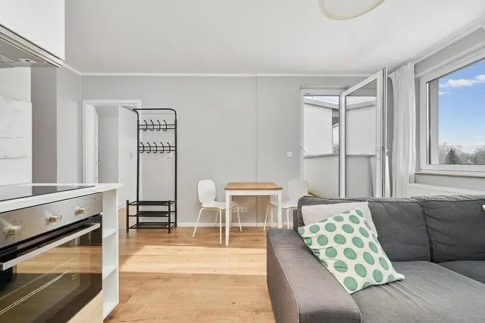 Kuchyně; kuchyňské spotřebiče, dřevěná podlaha, přirozené světlo, moderní styl