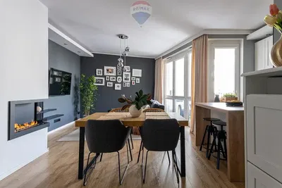 Kuchyně; kuchyňské spotřebiče, dřevěná podlaha, přirozené světlo, moderní styl