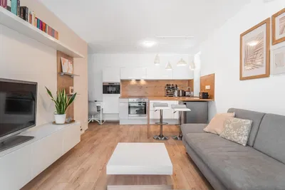 Kuchnia; sprzęt kuchenny, podłoga drewniana, światło dzienne, styl nowoczesny