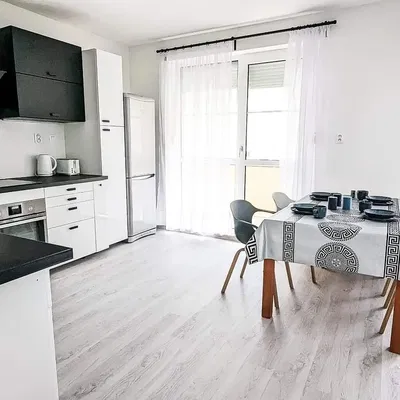 Kitchen; kitchen appliances, wood floor, natural light, modern style