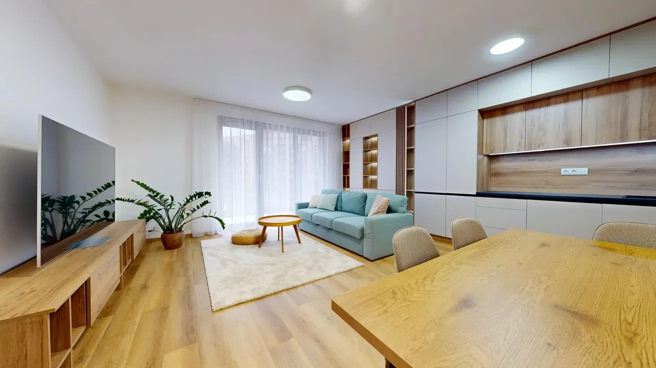 Kitchen; kitchen appliances, wood floor, natural light, modern style