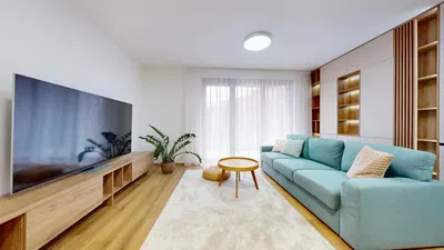 Kitchen; kitchen appliances, wood floor, natural light, modern style
