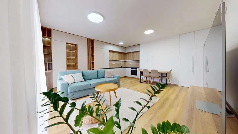 Kitchen; kitchen appliances, wood floor, natural light, modern style