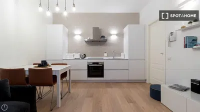 Kitchen; kitchen appliances, wood floor, natural light, modern style