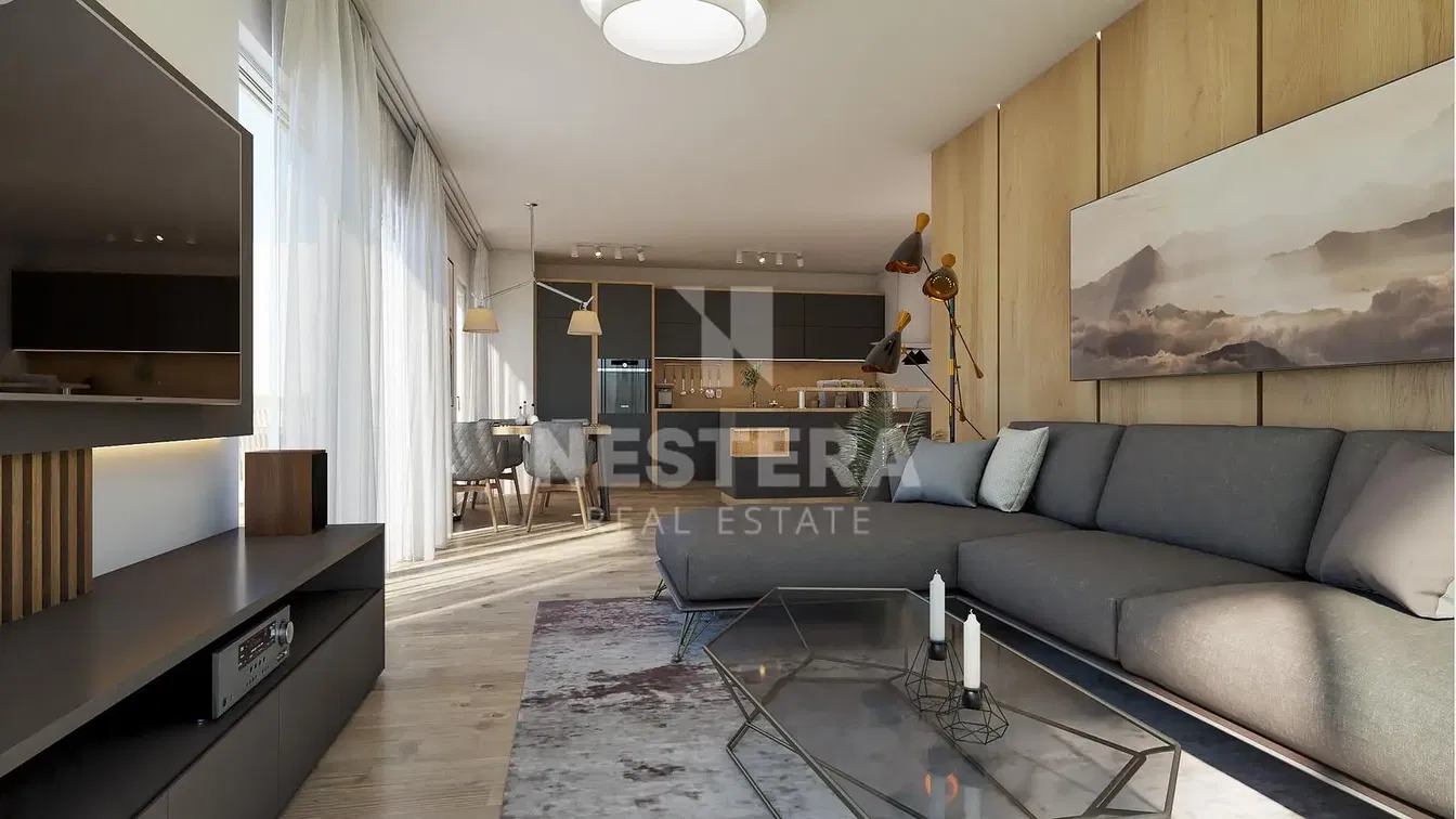 Kitchen; kitchen appliances, wood floor, natural light, modern style