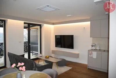 Obývací pokoj; dřevěná podlaha, přirozené světlo, moderní styl, vysoké stropy