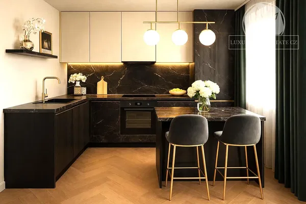 Κουζίνα; συσκευές κουζίνας, ξύλινο πάτωμα, φυσικό φως, μοντέρνο στυλ