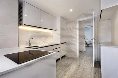 Cuisine; électroménager, parquet, lumière naturelle, style moderne