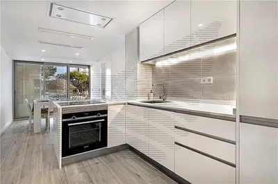 Cuisine; électroménager, parquet, lumière naturelle, style moderne