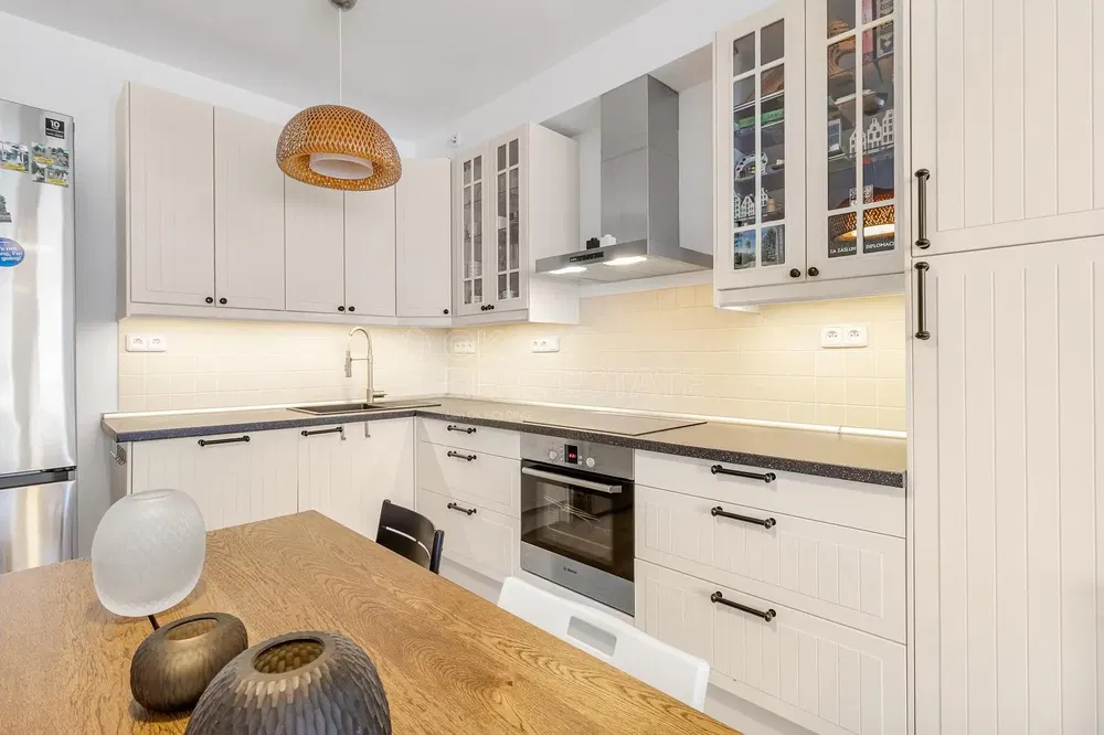 Kitchen; kitchen appliances, wood floor, natural light, modern style