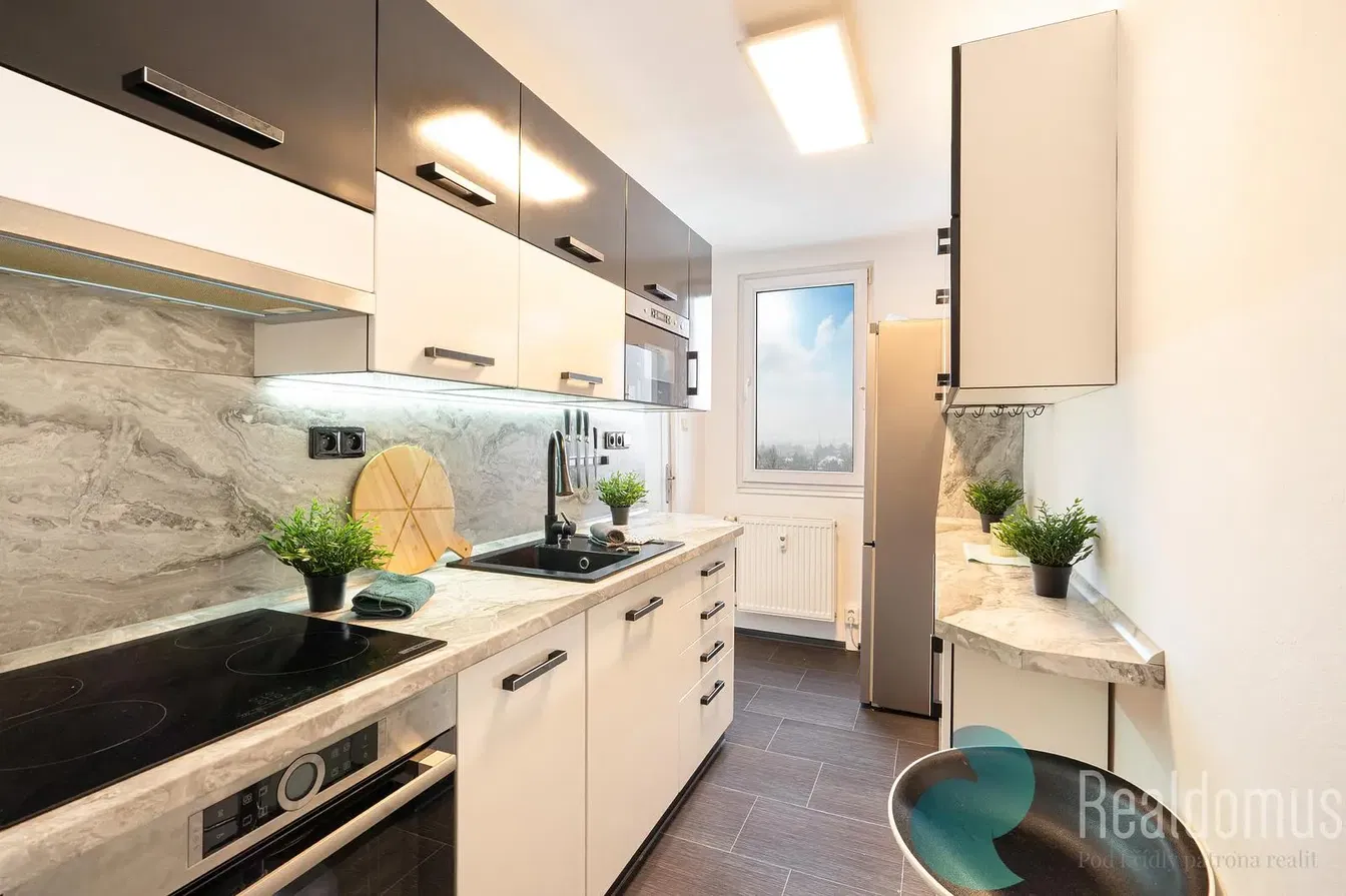 Kitchen; kitchen appliances, wood floor, natural light, modern style