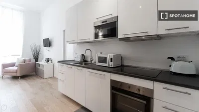Kitchen; kitchen appliances, wood floor, natural light, modern style