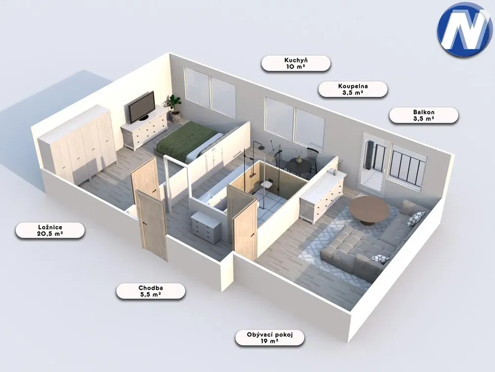 Obývací pokoj; dřevěná podlaha, přirozené světlo, moderní styl
