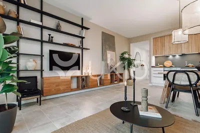 Cuisine; électroménager, parquet, lumière naturelle, style moderne