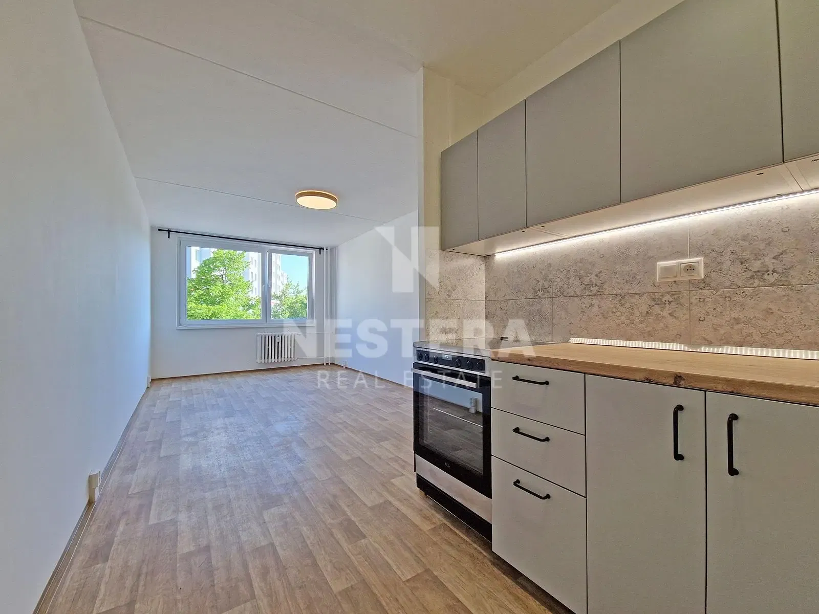 Mutfak; mutfak aletleri, ahşap zemin, doğal ışık, modern stil