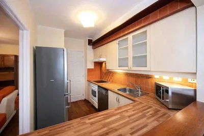 Кухня; кухненски уреди, дървен под, естествена светлина, модерен стил