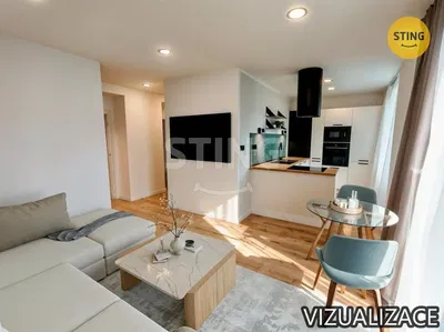 Obývací pokoj; dřevěná podlaha, přirozené světlo, moderní styl