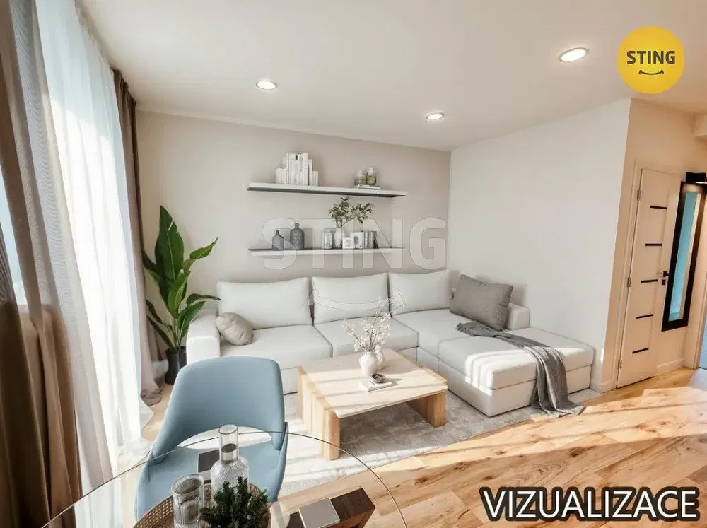 Obývací pokoj; dřevěná podlaha, přirozené světlo, moderní styl